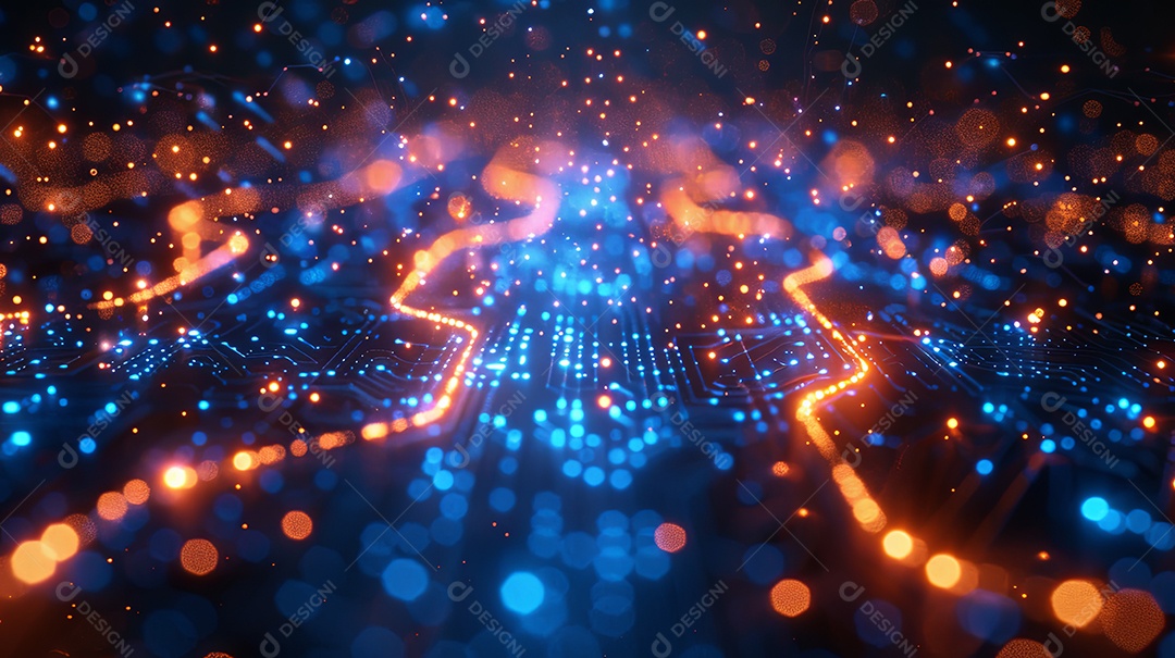 Uma rede eletrônica azul renderizada digitalmente no estilo de luzes e sombras
