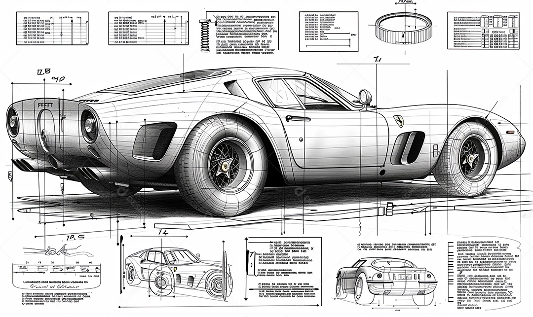 Um carro Ferrari desenhos estruturais