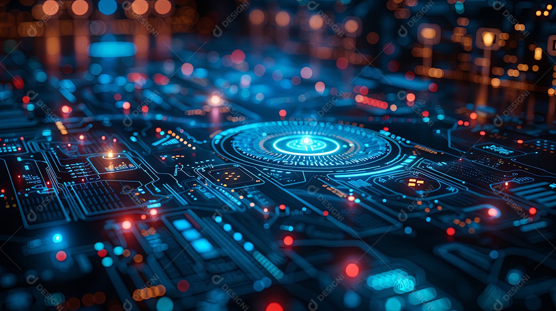 Estética e grades de ficção científica em azul mostrando vários pontos de interesse