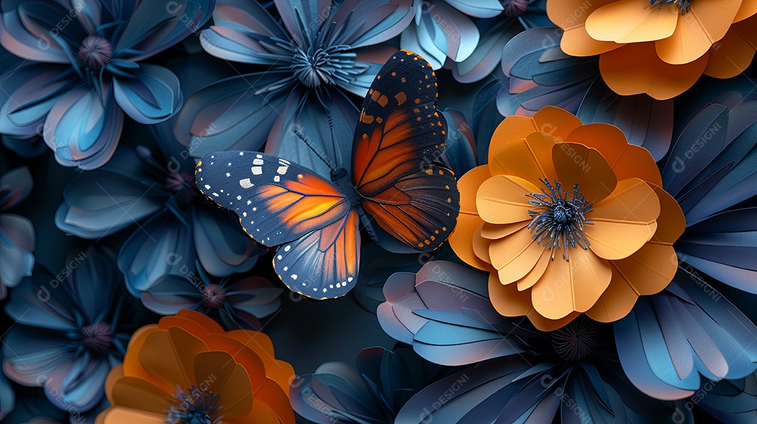 Um papel de parede de borboleta, no estilo de esculturas de papel