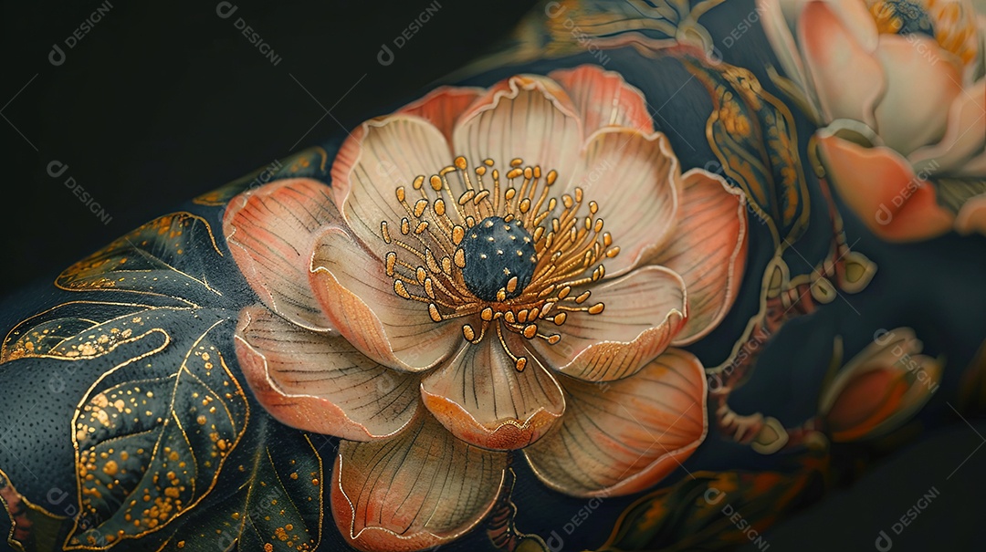 Uma delicada e mágica tatuagem de flor de magnólia preta e dourada