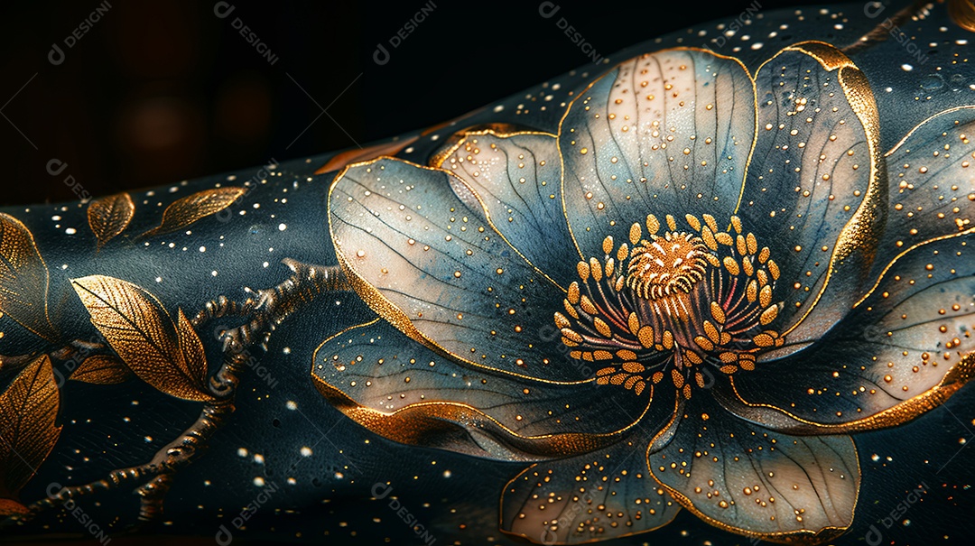 Uma delicada e mágica tatuagem de flor de magnólia preta e dourada