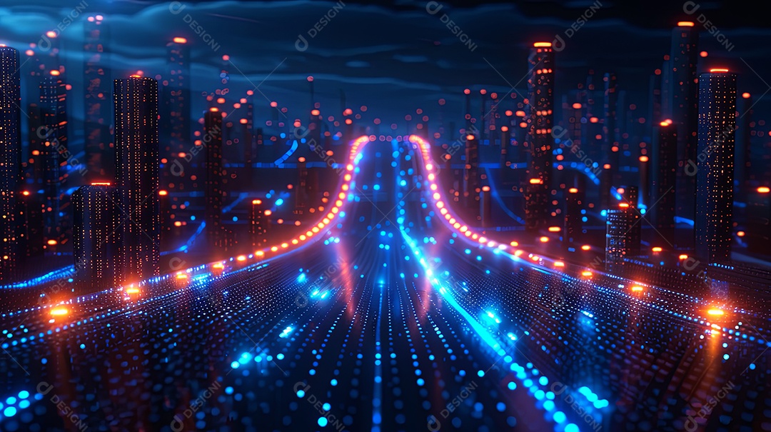 Uma rede eletrônica azul renderizada digitalmente, no estilo de luzes e sombras contrastantes