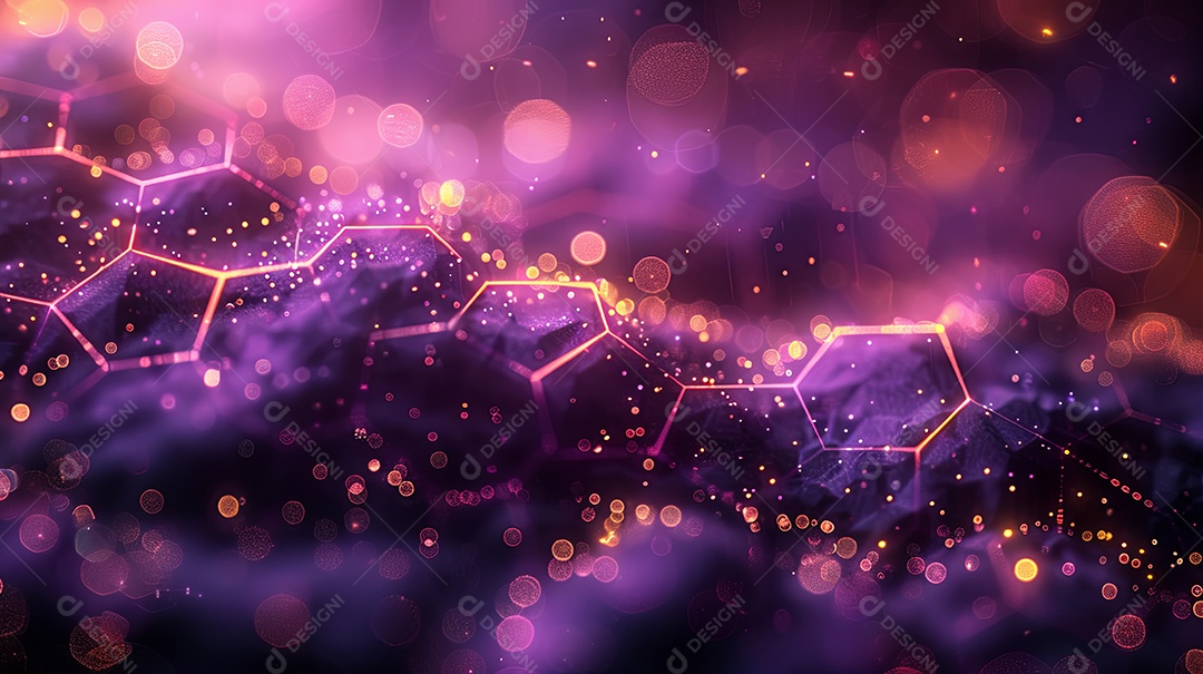 Um fundo abstrato digital de cor roxa com muitos hexágonos bordas douradas