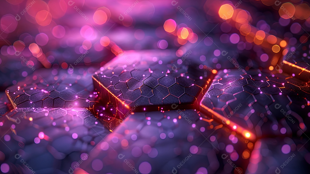 Um fundo abstrato digital de cor roxa com muitos hexágonos bordas douradas