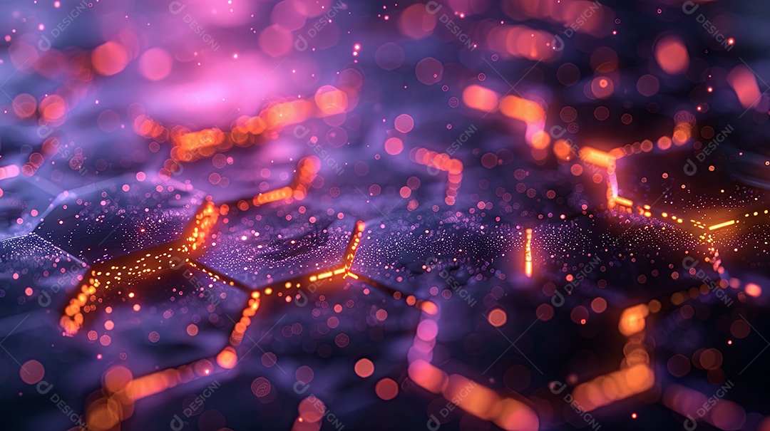 Um fundo abstrato digital de cor roxa com muitos hexágonos bordas douradas