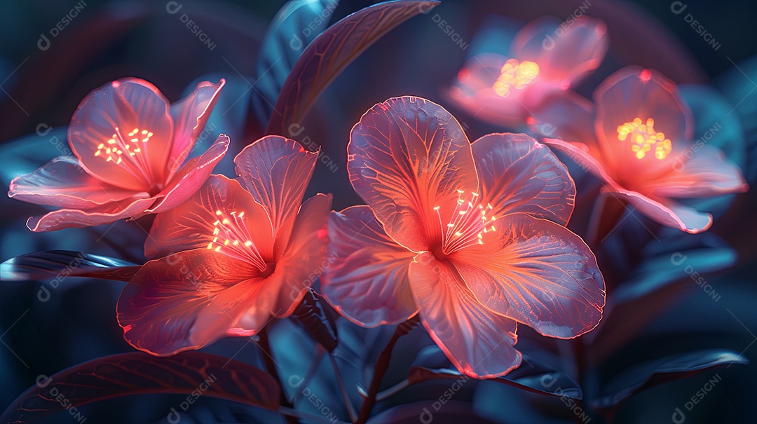Néon incrível flores elétricas em fundo escuro