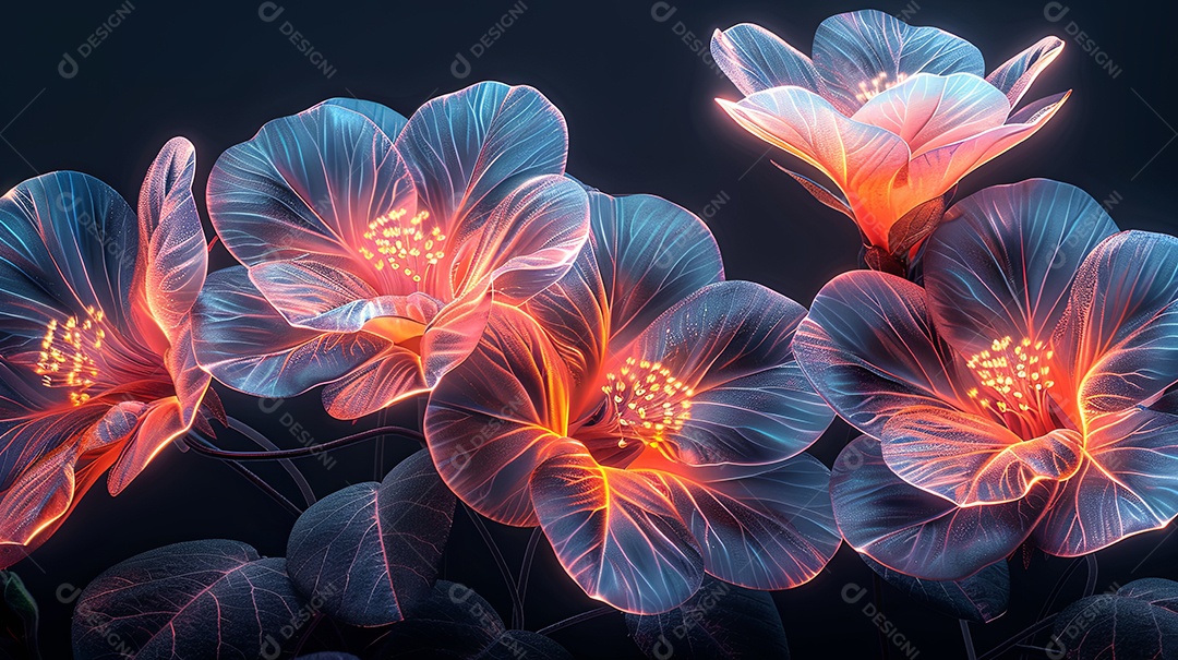 Néon incrível flores elétricas em fundo escuro