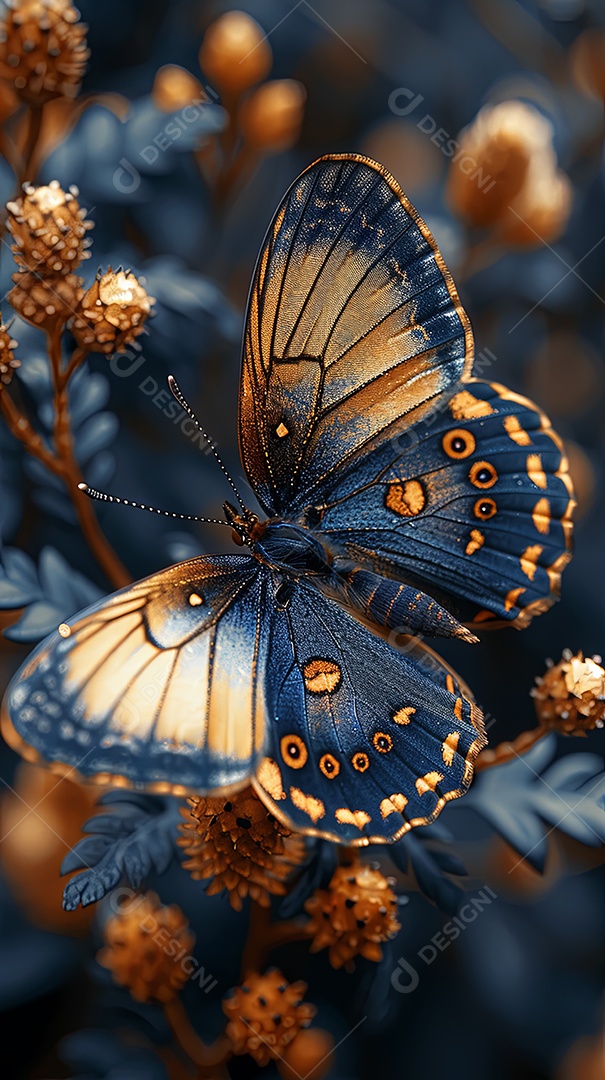 Azul marinho profundo detalhes pintados à mão macro de borboletas delicadas