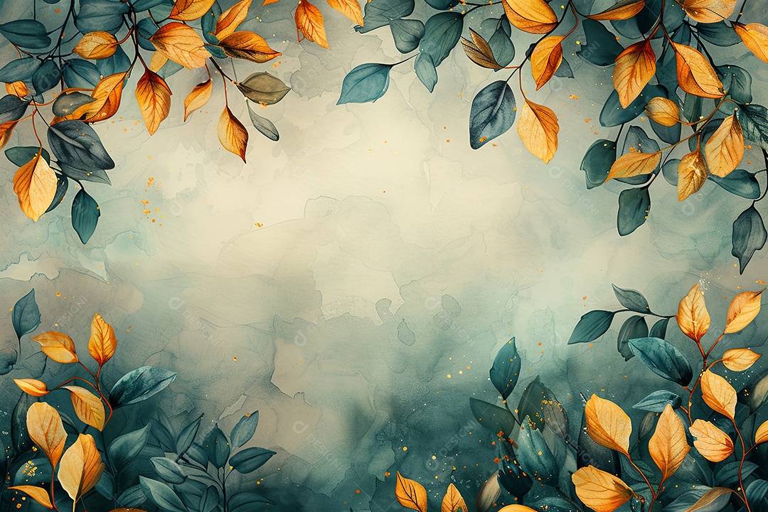 Fundo de arte aquarela de luxo com folhas douradas e flores em estilo de arte de linha