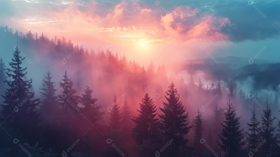 Paisagem linda de uma floresta com névoa