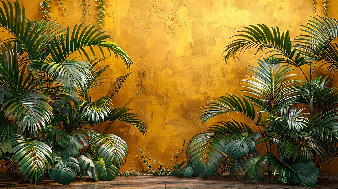 Plantas de fundo dourado com plantas nas laterais com detalhes hiper-realistas