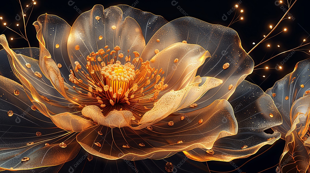 Flor dourada arte linear estilo vetorial 2D linhas douradas fundo preto
