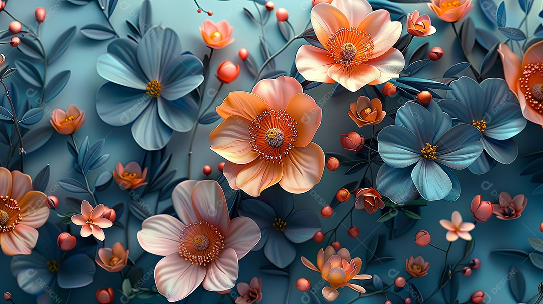 Flores lindas coloridas sobre fundo azul claro