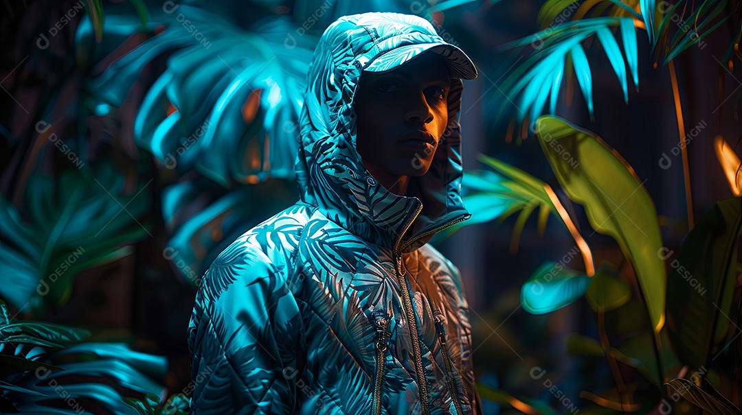 Modelo com moletom camuflado nas plantas