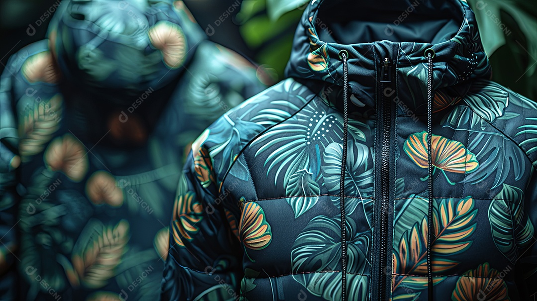 O moletom com zíper com estampa tropical tem folhas verdes e azuis