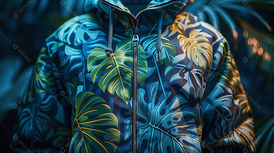 O moletom com zíper com estampa tropical tem folhas verdes e azuis