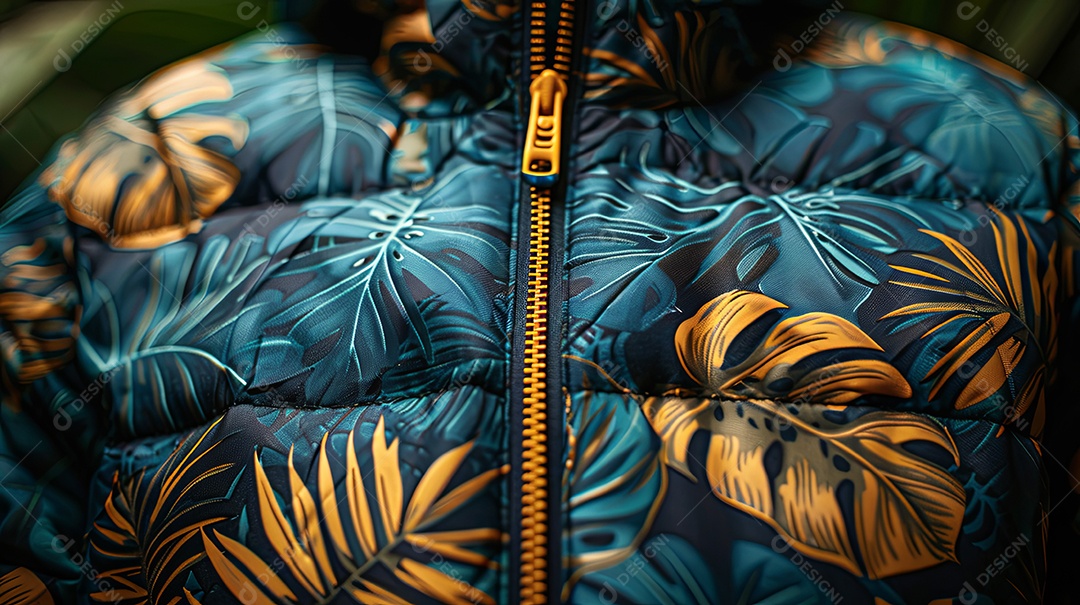 O moletom com zíper com estampa tropical tem folhas verdes e azuis