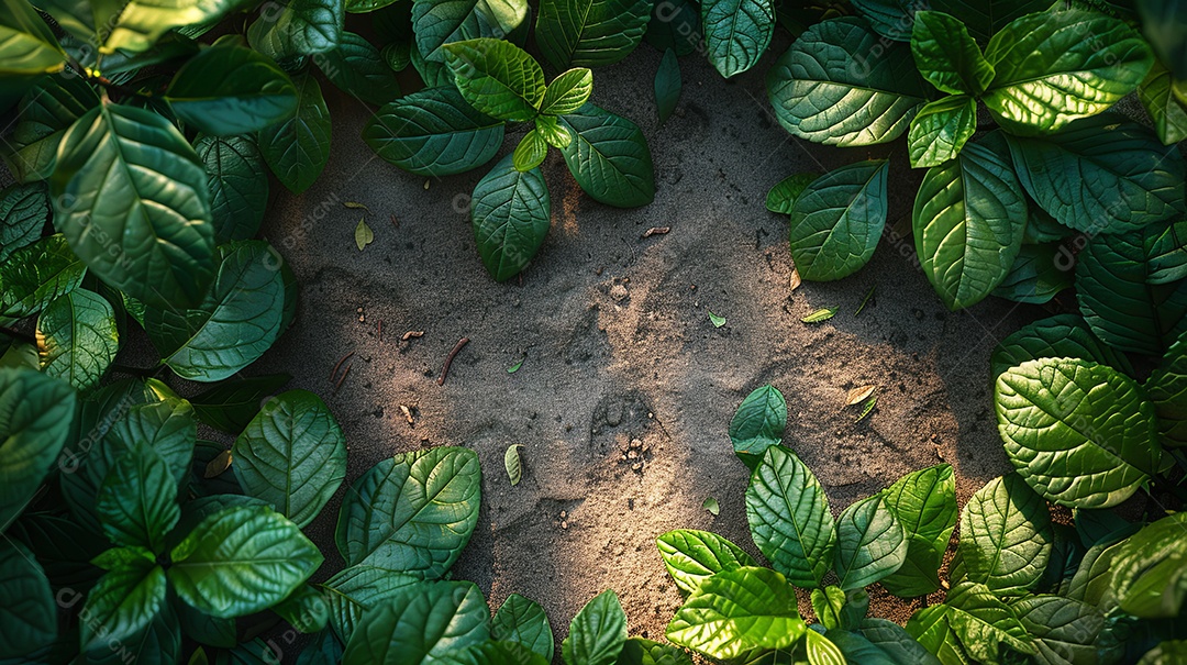 Muitas folhas verdes frescas ao redor da imagem fundo de areia