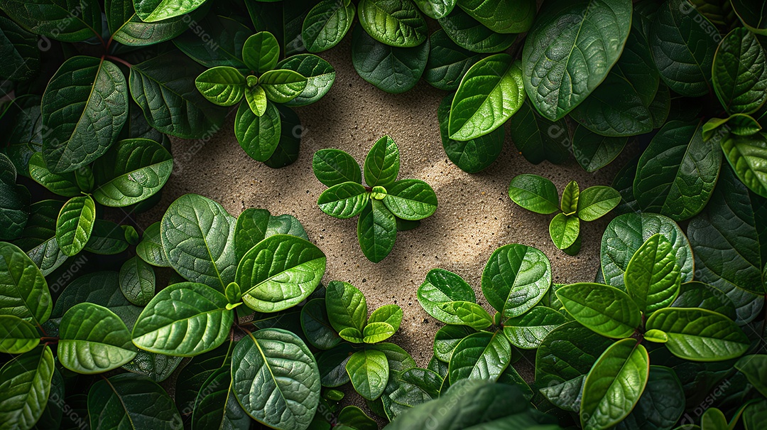 Many fresh green leaves around the sand background image