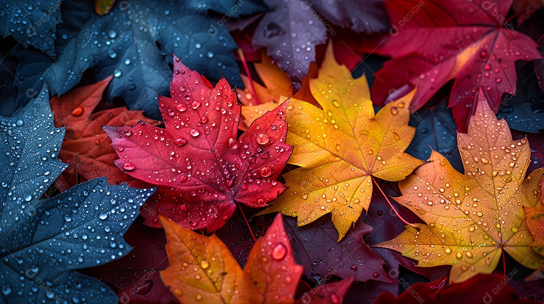 Várias folhas de bordo coloridas com gotas de água em cima delas