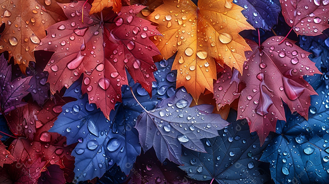 Detalhes de folhas coloridas com pingos de água