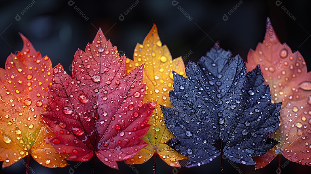 Várias folhas de bordo coloridas com gotas de água em cima delas