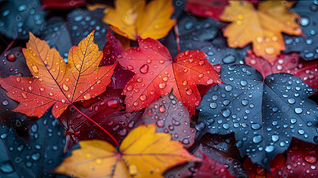 Várias folhas de bordo coloridas com gotas de água em cima delas