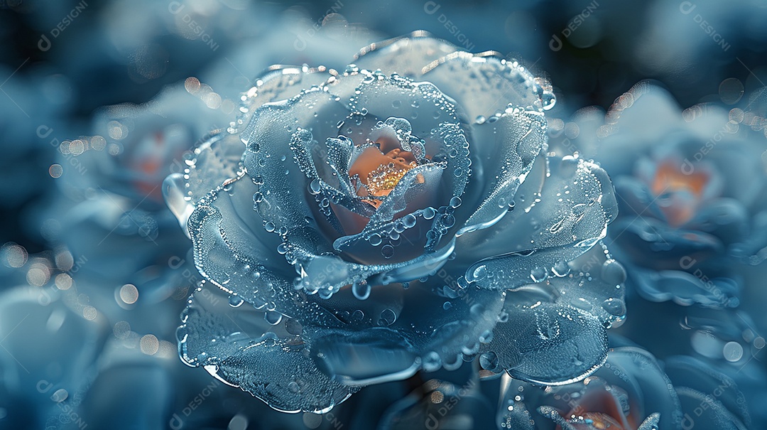 Várias rosas de cristal azul entrelaçadas com um fundo transparente fosco gradiente
