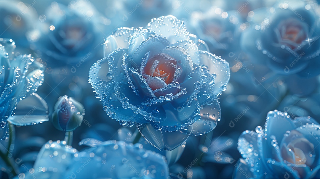 Várias rosas de cristal azul entrelaçadas com um fundo transparente fosco gradiente