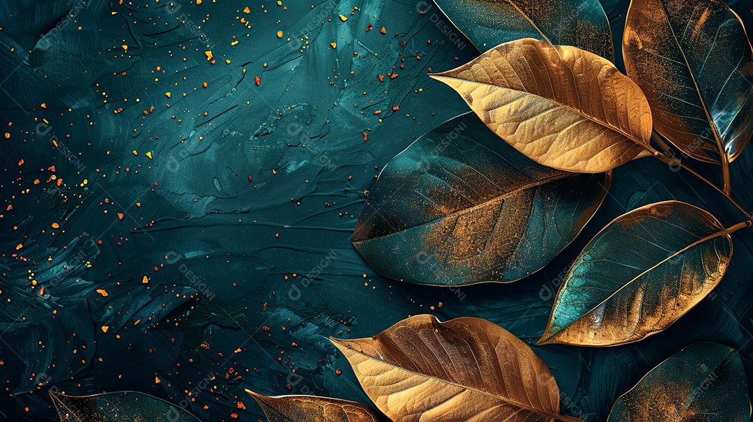 folhas douradas abstratas nórdicas com verde turquisa profundo e fundo