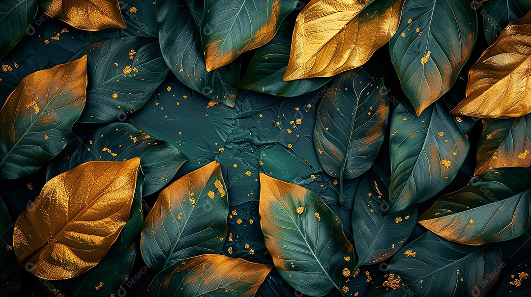 Folhas douradas abstratas nórdicas com verde turquisa profundo e fundo