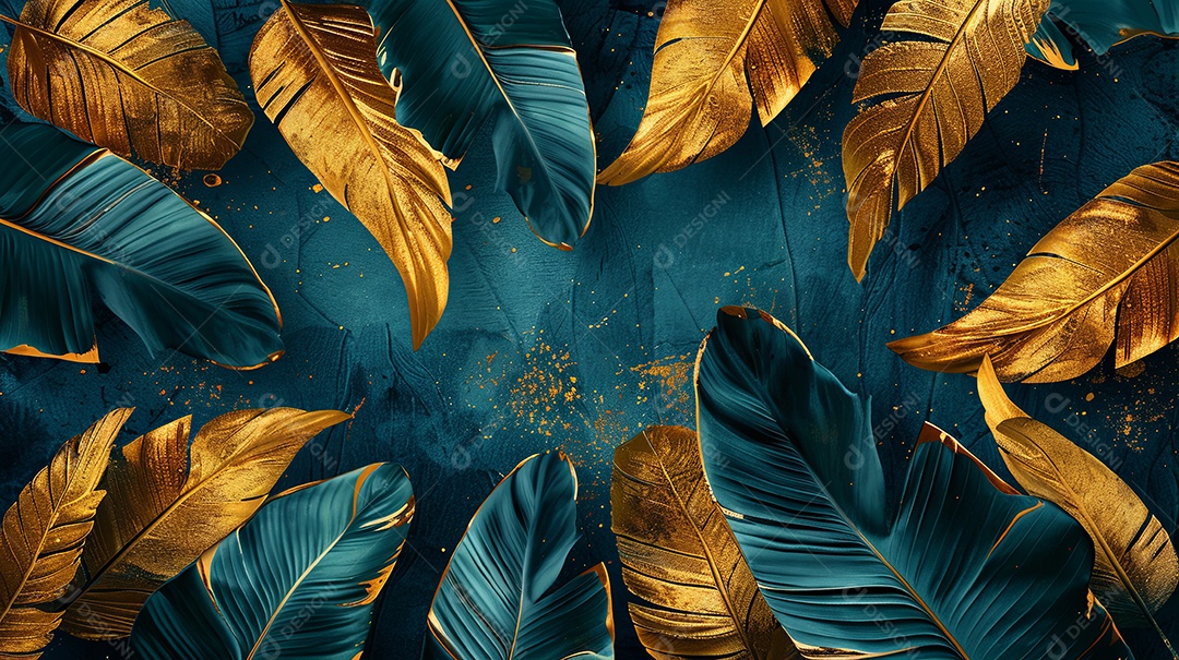 Folhas douradas abstratas nórdicas com verde turquisa profundo e fundo