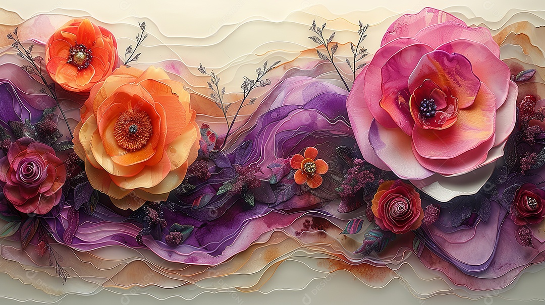 Borda tinta alcoólica formas abstratas linhas flores