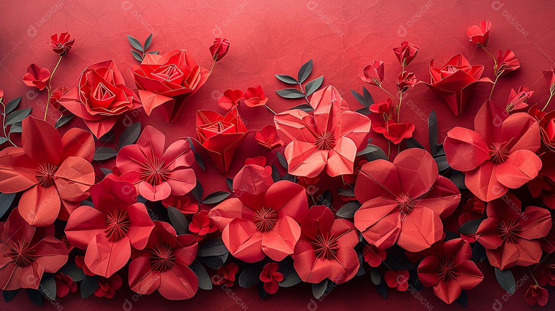 Flores vermelhas de origami cobrem toda a imagem e o fundo é vermelho