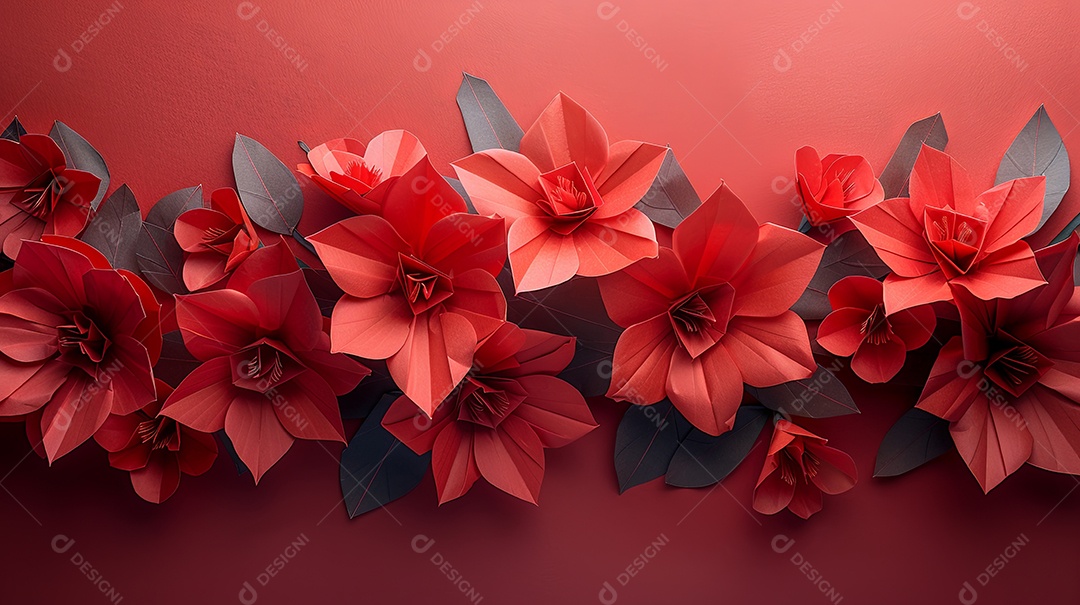 Flores vermelhas de origami cobrem toda a imagem e o fundo é vermelho