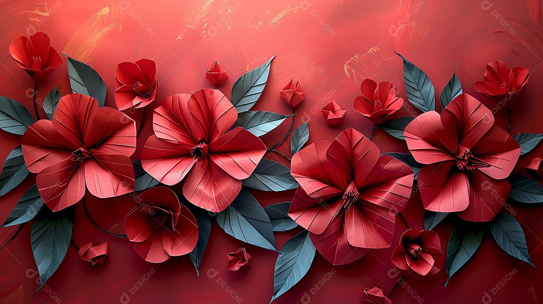 Flores vermelhas de origami cobrem toda a imagem e o fundo é vermelho