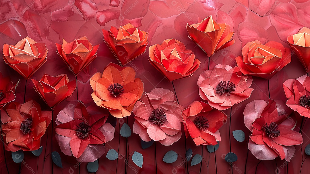 Flores vermelhas de origami cobrem toda a imagem e o fundo é vermelho