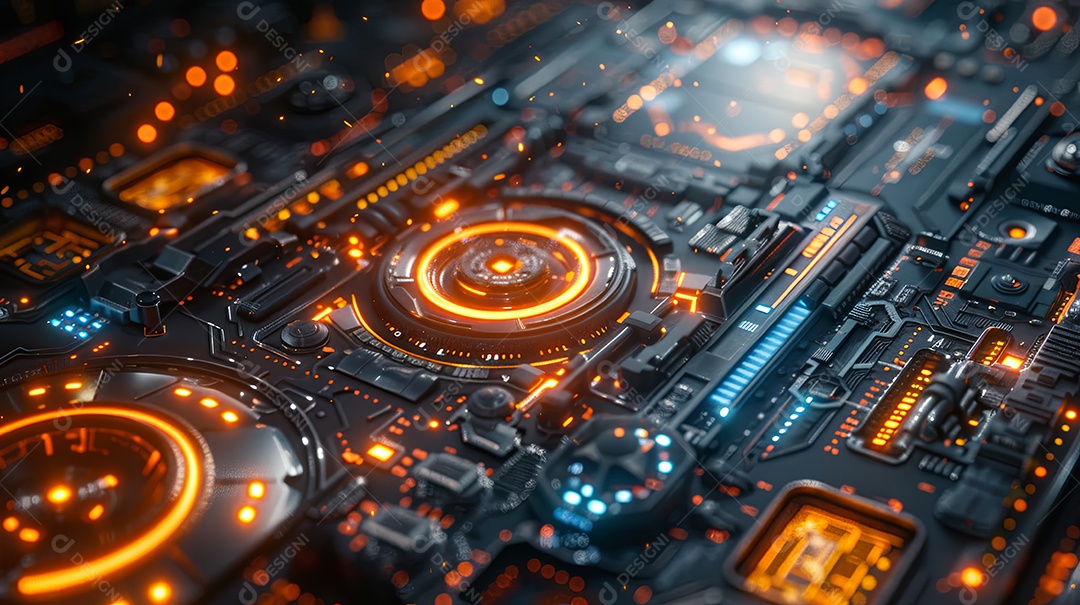 Detalhe do painel LED flutuante de ficção científica