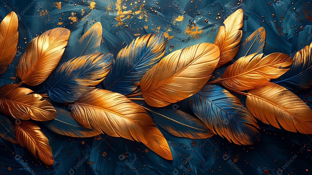 As folhas são pintadas em dourado e azul com listras brancas