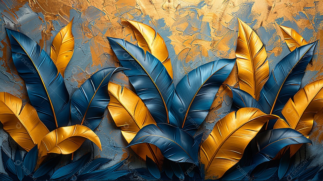 As folhas são pintadas em dourado e azul com listras brancas