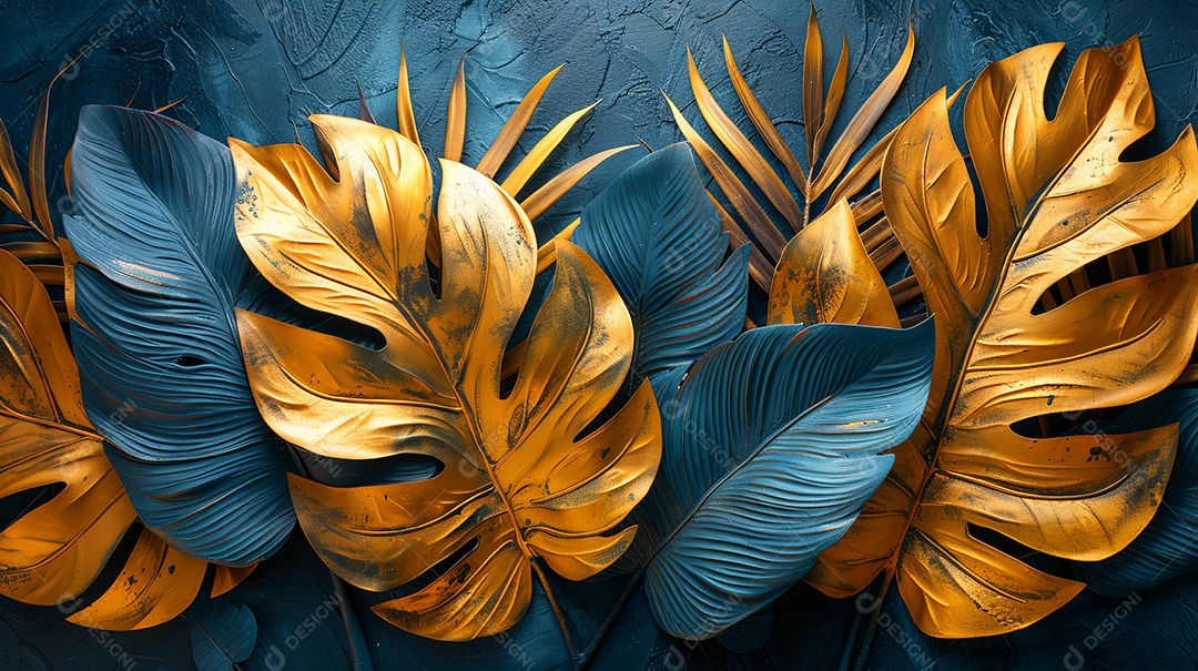 As folhas são pintadas em dourado e azul com listras brancas