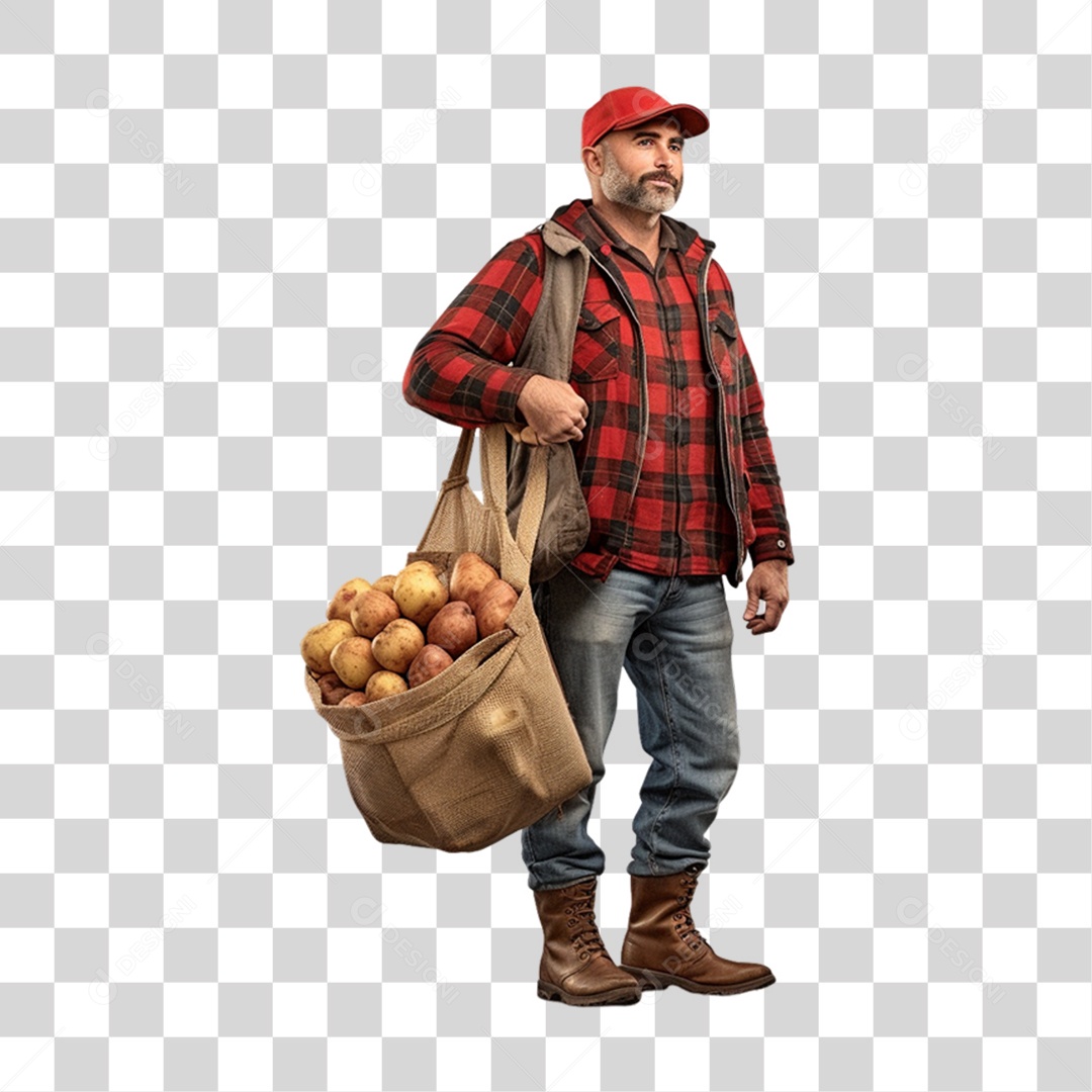Produtor Rural Fazendeiro com Saco Frutas e Legumes PNG Transparente