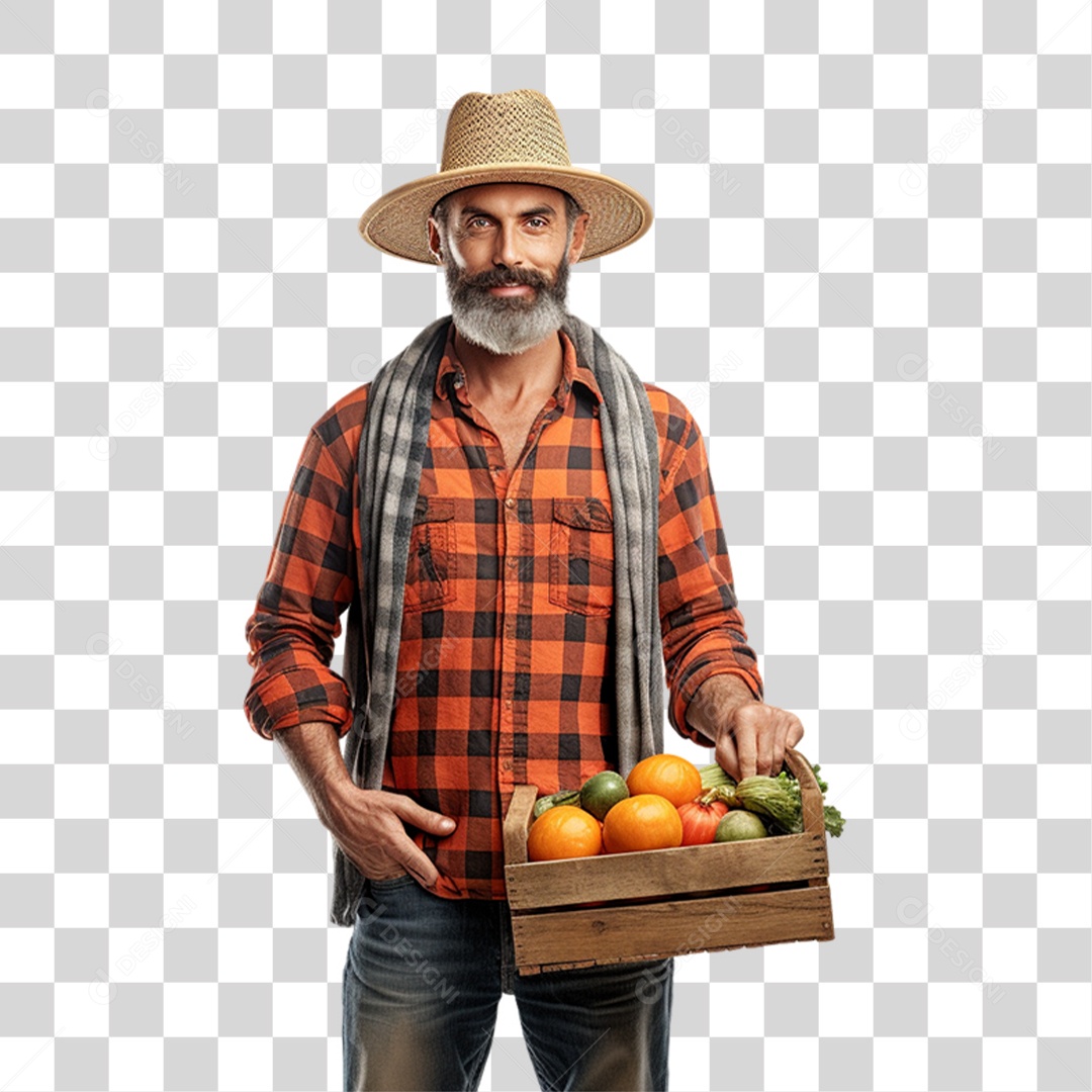Produtor Rural Fazendeiro com Caixa Frutas e Legumes nas Mãos PNG Transparente