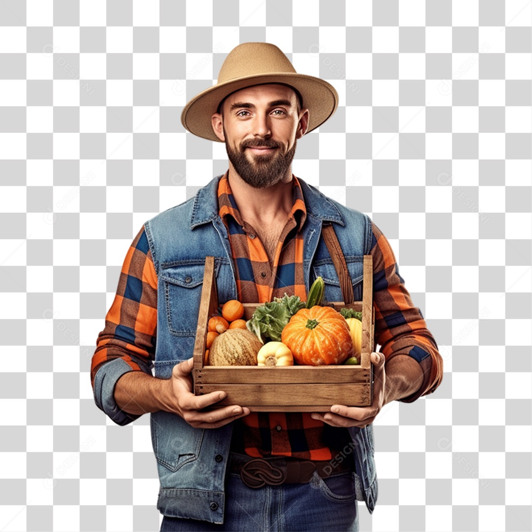 Produtor Rural Fazendeiro com Caixa Frutas e Legumes nas Mãos PNG Transparente