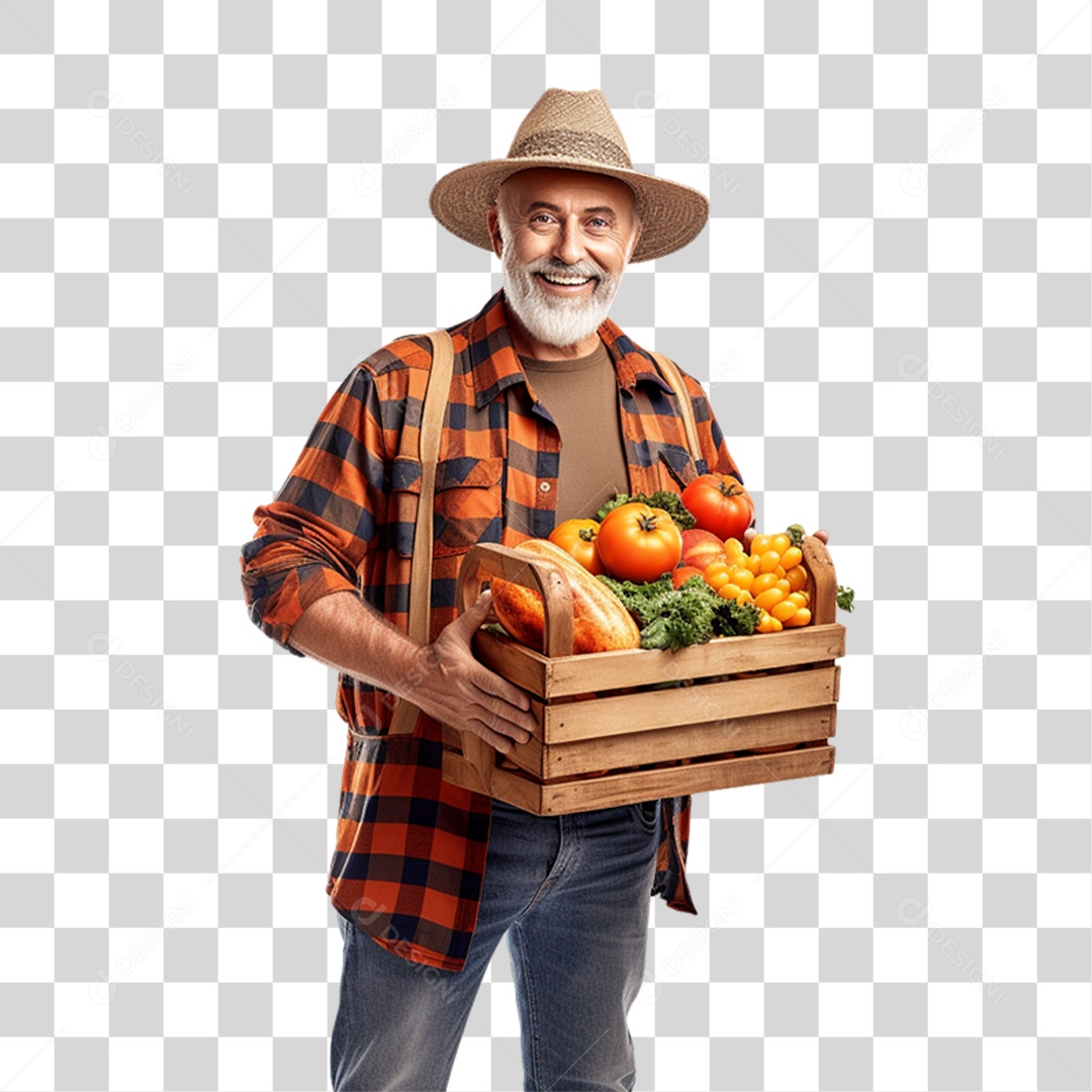 Produtor Rural Fazendeiro com Caixa Frutas e Legumes nas Mãos PNG Transparente