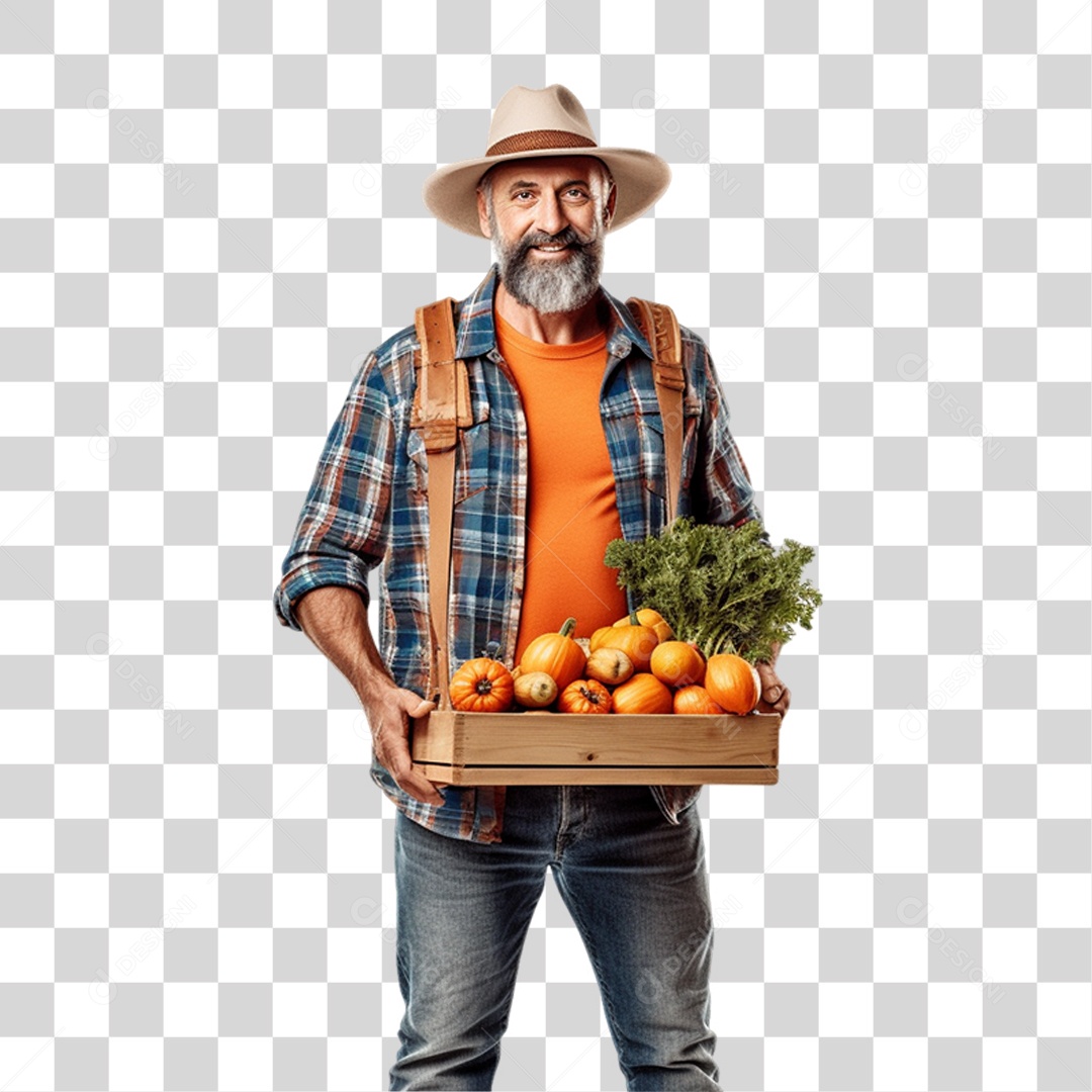 Produtor Rural Fazendeiro com Caixa Frutas e Legumes nas Mãos PNG Transparente
