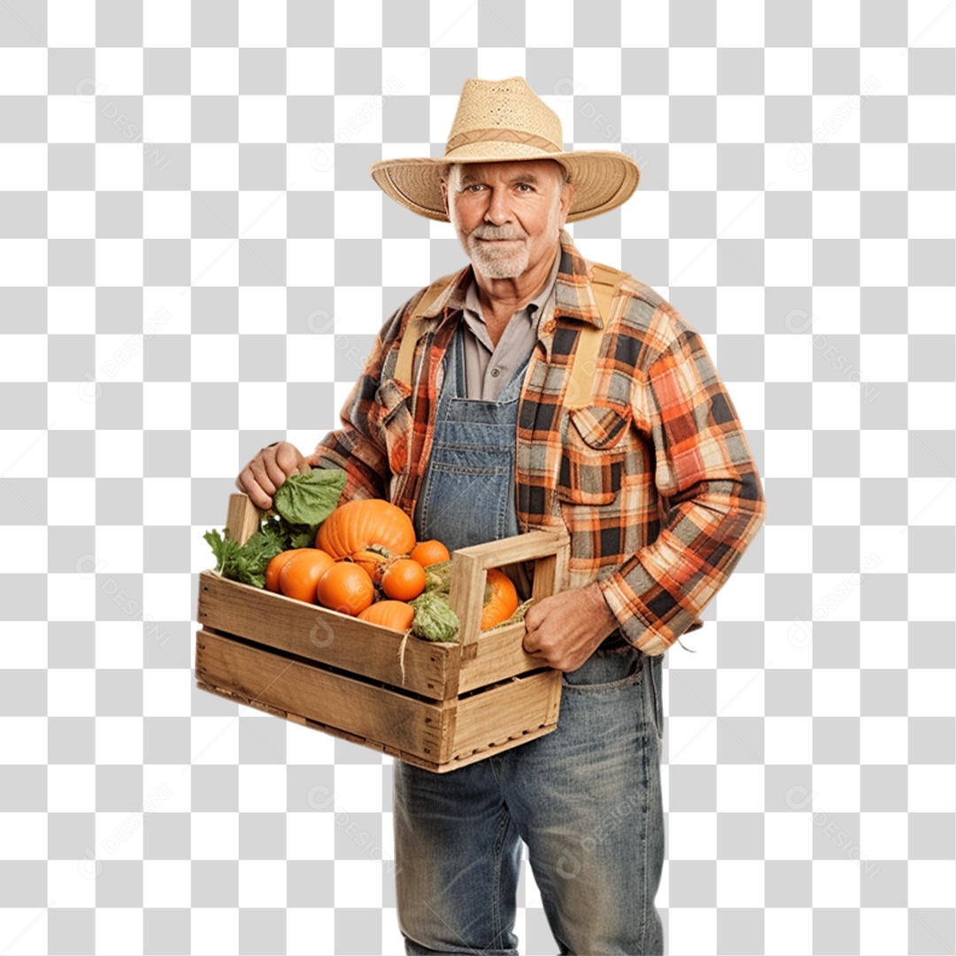 Produtor Rural Fazendeiro com Caixa Frutas e Legumes nas Mãos PNG Transparente