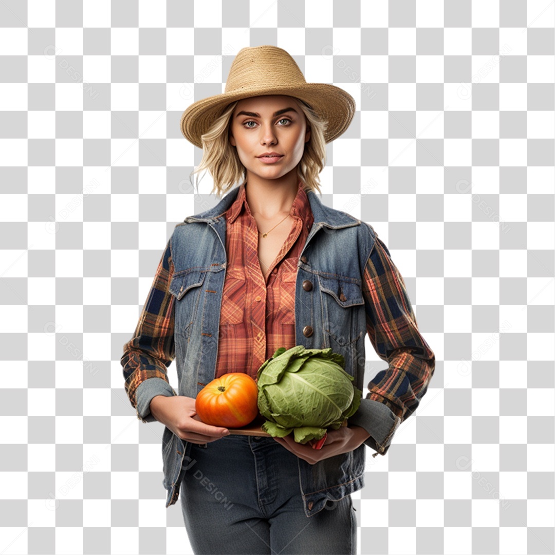 Mulher Fazendeira com Legumes e Frutas nas Mãos PNG Transparente