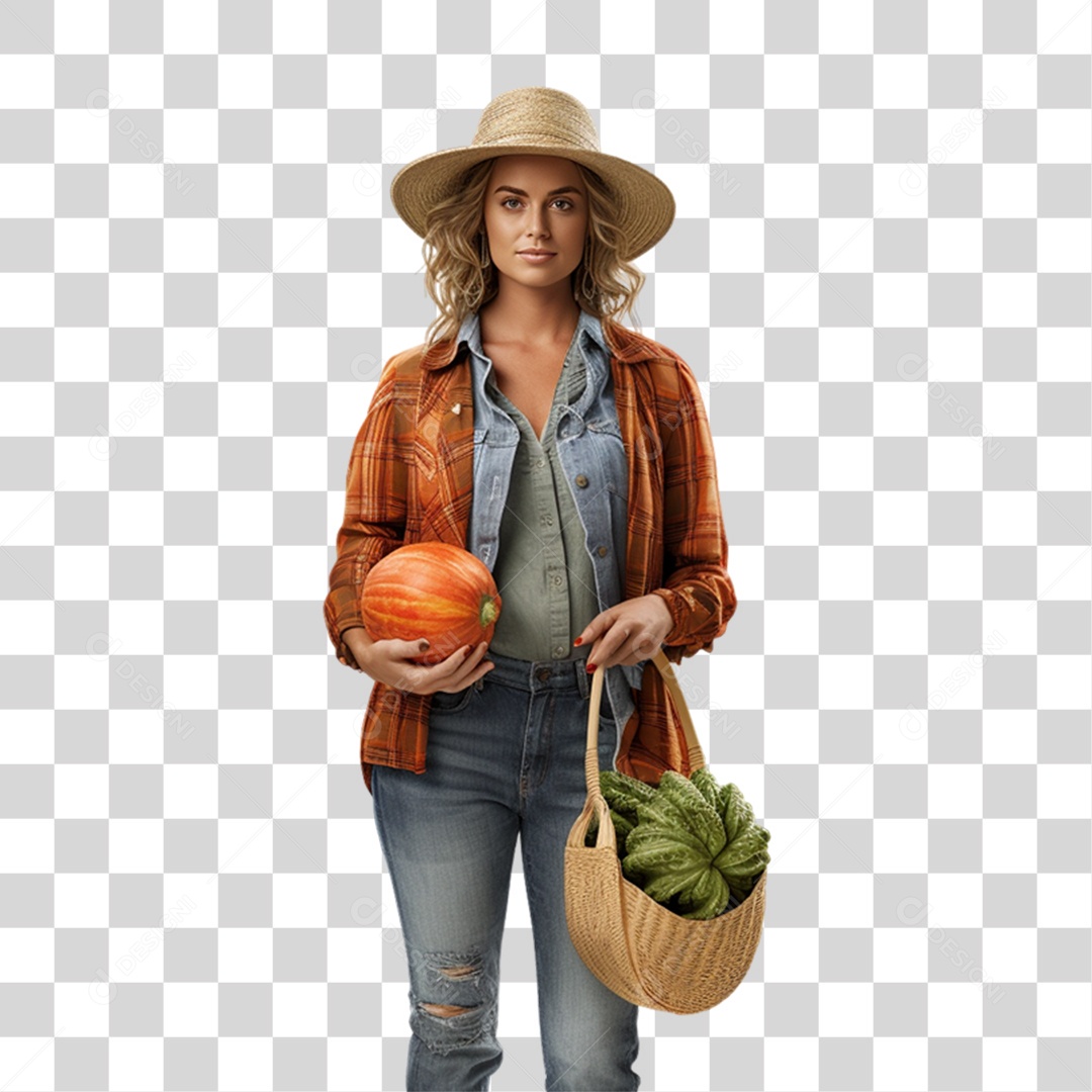 Mulher Fazendeira com Legumes e Frutas nas Mãos PNG Transparente